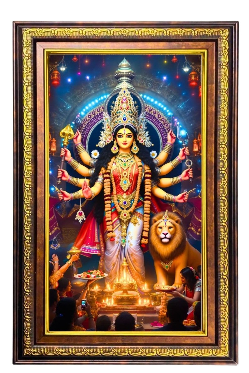 Goddess Durga Digital Golden Balck Color Photo Frame | Hindu Religious Wall Decor | 16x22 Inches - Inspirational Wall Art For Office, Home Decor - Ideal Spiritual Gift (F16906)
