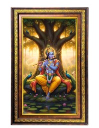 Lord Krishna Digital Golden Balck Color Photo Frame | Hindu Religious Wall Decor | 10x16 Inches - Inspirational Wall Art For Office, Home Decor - Ideal Spiritual Gift (F16798)