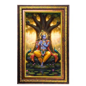 Lord Krishna Digital Golden Balck Color Photo Frame | Hindu Religious Wall Decor | 18x24 Inches - Inspirational Wall Art For Office, Home Decor - Ideal Spiritual Gift (F16798)