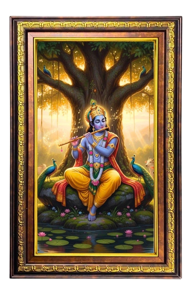 Lord Krishna Digital Golden Balck Color Photo Frame | Hindu Religious Wall Decor | 18x24 Inches - Inspirational Wall Art For Office, Home Decor - Ideal Spiritual Gift (F16798)