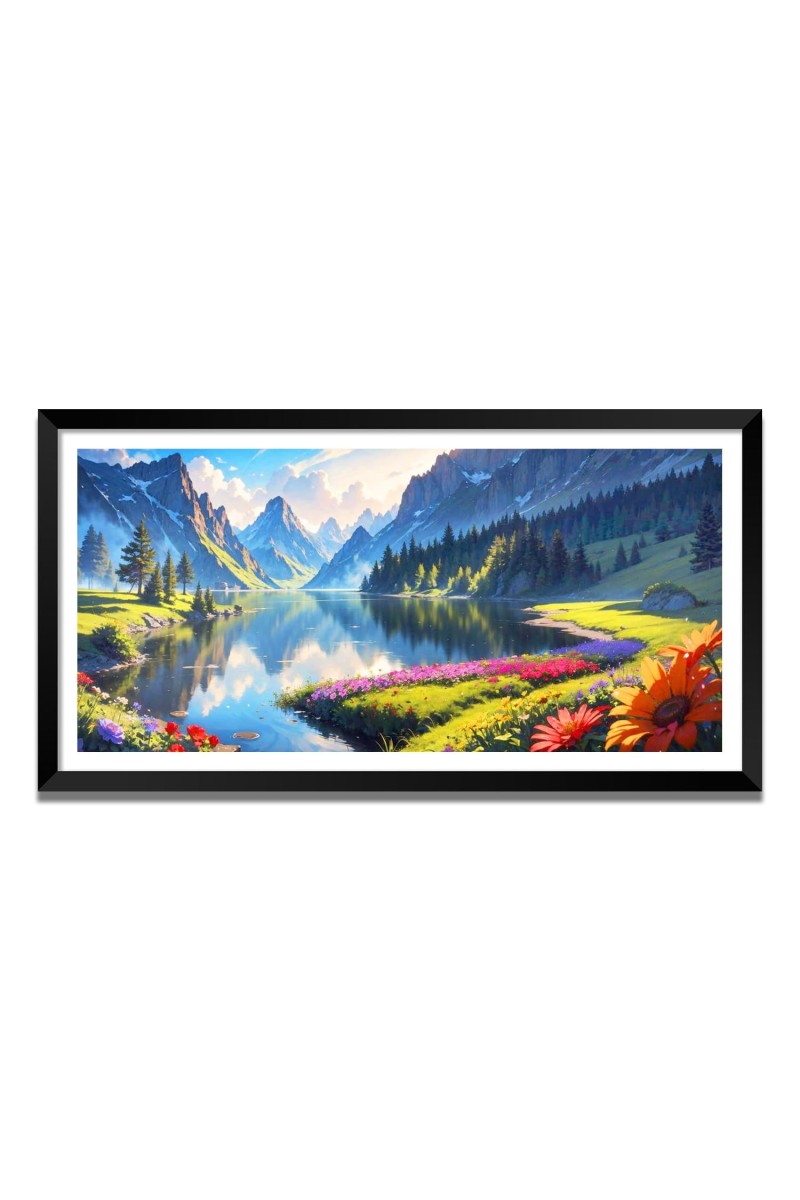 Nature Landscape Floating Frame Scenery Digital Print - (I5627) - 24x48 inch Modern Nature Wall Art for Living Room, Bedroom, Office, Hotels, Drawing Room