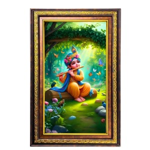 Lord Krishna Digital Golden Balck Color Photo Frame | Hindu Religious Wall Decor | 14x20 Inches - Inspirational Wall Art For Office, Home Decor - Ideal Spiritual Gift (F16803)