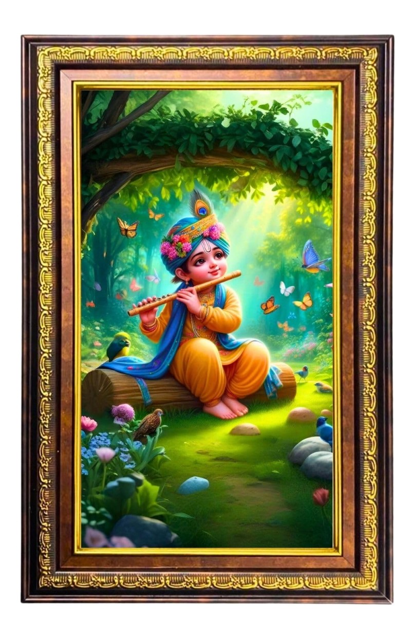 Lord Krishna Digital Golden Balck Color Photo Frame | Hindu Religious Wall Decor | 18x24 Inches - Inspirational Wall Art For Office, Home Decor - Ideal Spiritual Gift (F16803)