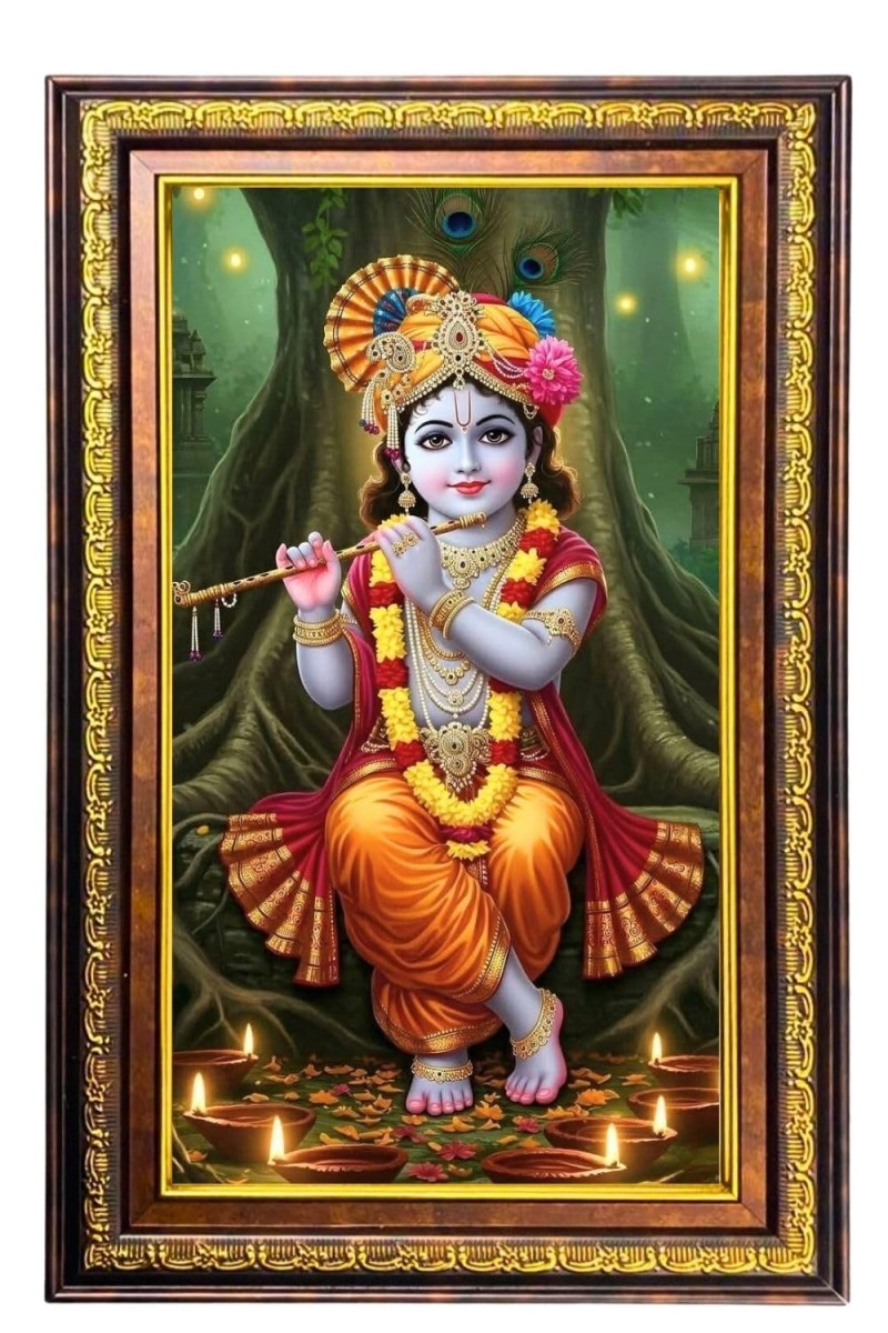 Lord Krishna Digital Golden Balck Color Photo Frame | Hindu Religious Wall Decor | 18x24 Inches - Inspirational Wall Art For Office, Home Decor - Ideal Spiritual Gift (F16479)
