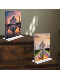 Taj Mahal Acrylic T-Style Photo Stand - 11x13 Inches, Compact and Stylish Spiritual Display, easily change 2 photos (Pack of 1)