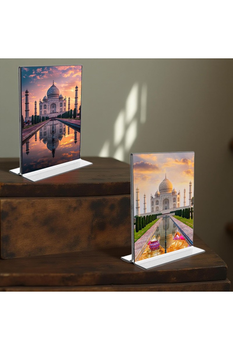 Taj Mahal Acrylic T-Style Photo Stand - 11x13 Inches, Compact and Stylish Spiritual Display, easily change 2 photos (Pack of 1)