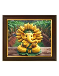 Hitech Sales lord Ganesha made by banana theme ai Photo with Beautiful 12X10 in synthetic Wood Frame With Glass Tabletop Wallmount display for Home office decor Gift for all occations