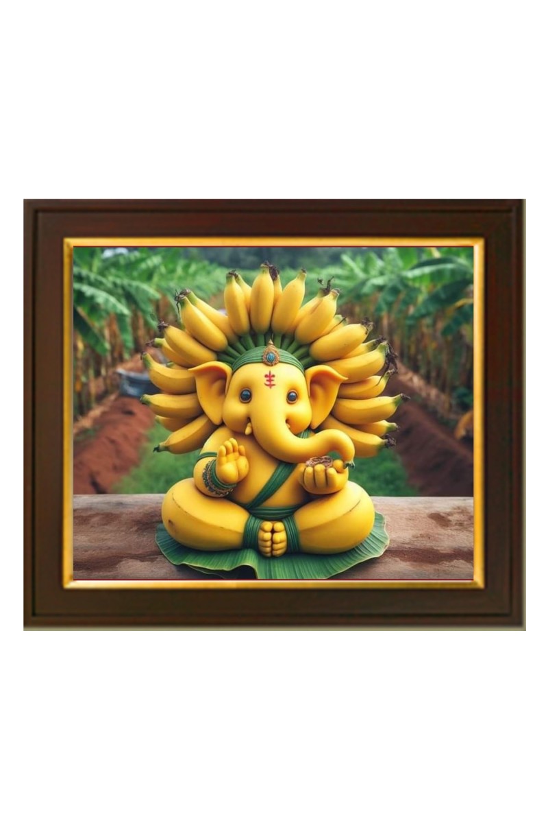 Hitech Sales lord Ganesha made by banana theme ai Photo with Beautiful 12X10 in synthetic Wood Frame With Glass Tabletop Wallmount display for Home office decor Gift for all occations