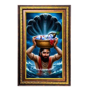 Lord Krishna Digital Golden Balck Color Photo Frame | Hindu Religious Wall Decor | 18x24 Inches - Inspirational Wall Art For Office, Home Decor - Ideal Spiritual Gift (F16858)