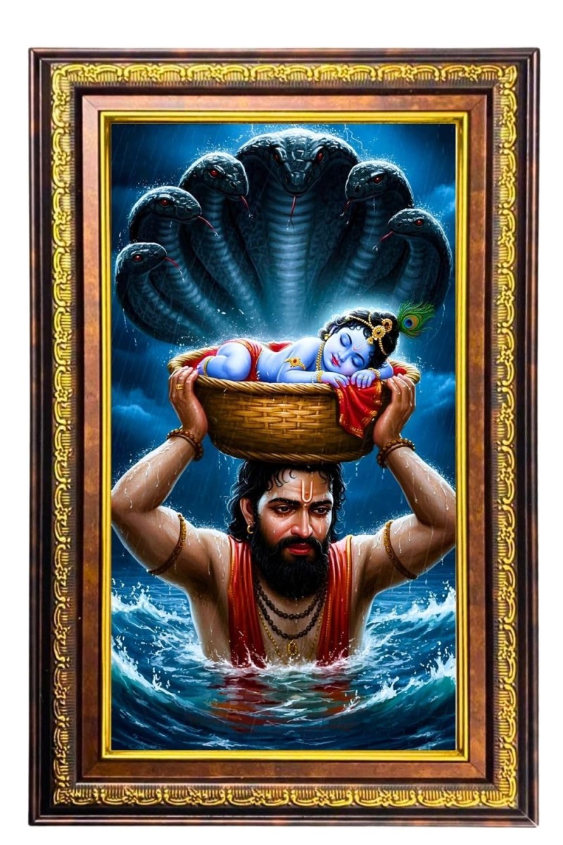 Lord Krishna Digital Golden Balck Color Photo Frame | Hindu Religious Wall Decor | 18x24 Inches - Inspirational Wall Art For Office, Home Decor - Ideal Spiritual Gift (F16858)