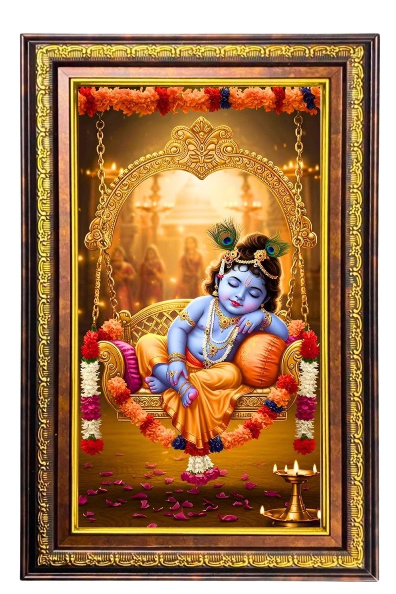 Lord Krishna Digital Golden Balck Color Photo Frame | Hindu Religious Wall Decor | 18x24 Inches - Inspirational Wall Art For Office, Home Decor - Ideal Spiritual Gift (F16929)