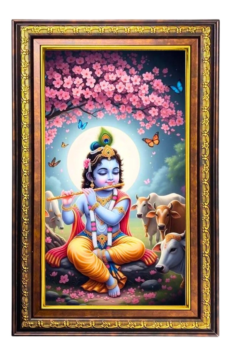 Lord Krishna Digital Golden Balck Color Photo Frame | Hindu Religious Wall Decor | 18x24 Inches - Inspirational Wall Art For Office, Home Decor - Ideal Spiritual Gift (F16797)