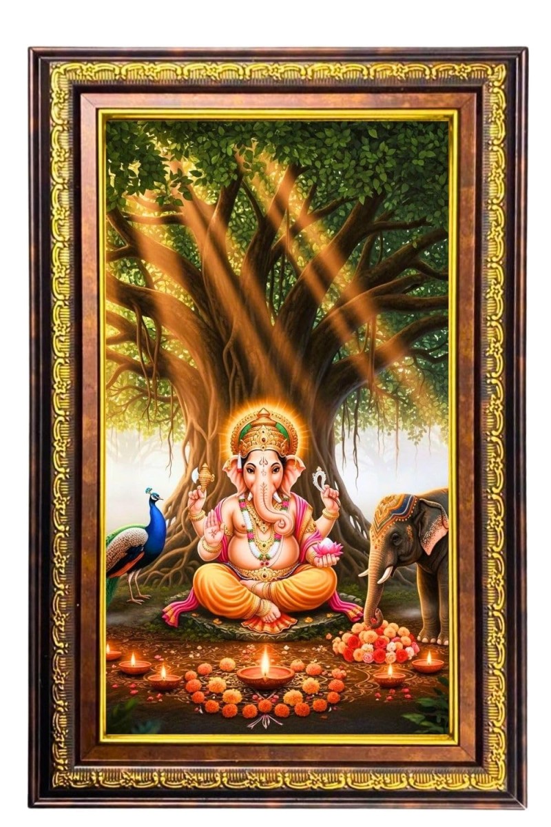 Lord Ganesha Digital Golden Balck Color Photo Frame | Hindu Religious Wall Decor | 10x16 Inches - Inspirational Wall Art For Office, Home Decor - Ideal Spiritual Gift (F16584)
