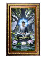 Serene Buddha Digital Golden Balck Color Photo Frame | Hindu Religious Wall Decor | 16x22 Inches - Inspirational Wall Art For Office, Home Decor - Ideal Spiritual Gift (F16523)