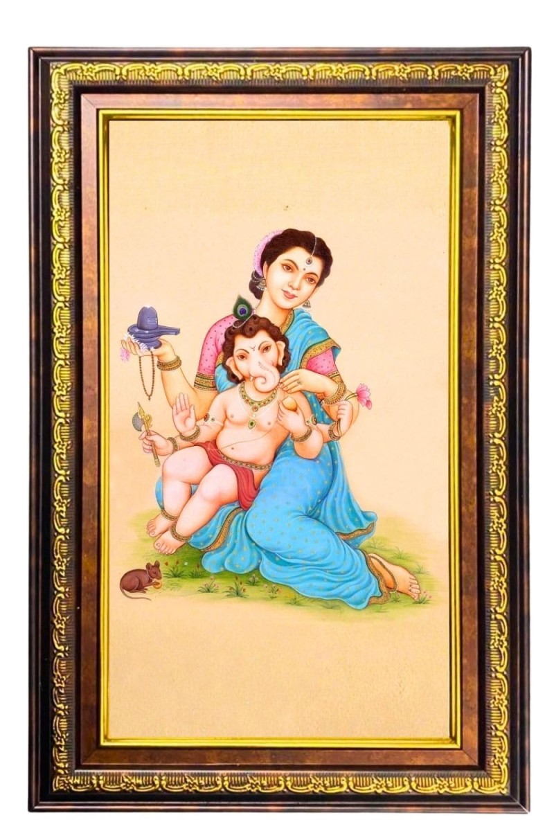 Goddess Parvathi With Ganesha Digital Golden Balck Color Photo Frame | Hindu Religious Wall Decor | 10x16 Inches - Inspirational Wall Art For Office, Home Decor - Ideal Spiritual Gift (F16887)