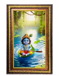 Lord Krishna Digital Golden Balck Color Photo Frame | Hindu Religious Wall Decor | 16x22 Inches - Inspirational Wall Art For Office, Home Decor - Ideal Spiritual Gift (F16802)