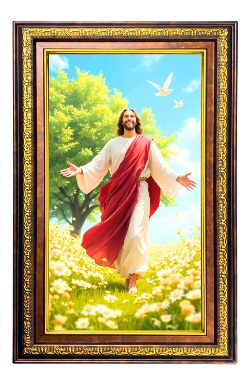 Lord Jesus Digital Golden Balck Color Photo Frame | Hindu Religious Wall Decor | 10x16 Inches - Inspirational Wall Art For Office, Home Decor - Ideal Spiritual Gift (F16739)