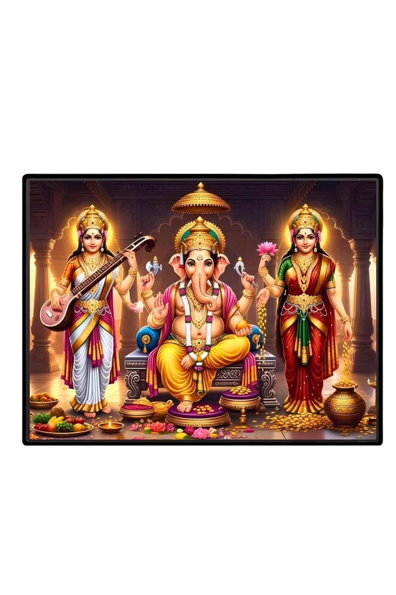 Lord Ganesha Maa Laxmi Saraswati Laminated Photo - 7x9 Inches, Divine Blessings For Home & Office And Temple Decoration (F16143)
