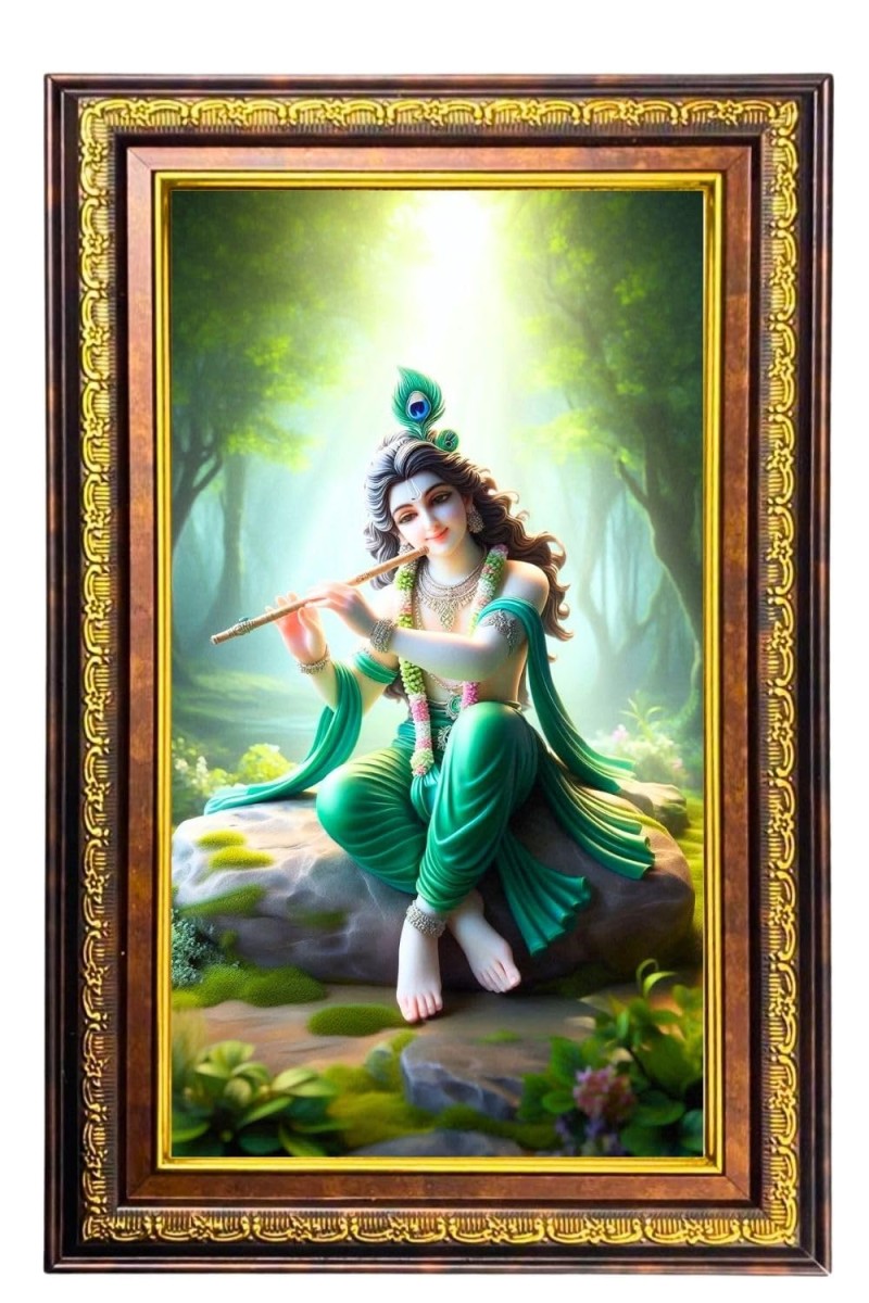 Lord Krishna Digital Golden Balck Color Photo Frame | Hindu Religious Wall Decor | 18x24 Inches - Inspirational Wall Art For Office, Home Decor - Ideal Spiritual Gift (F16932)