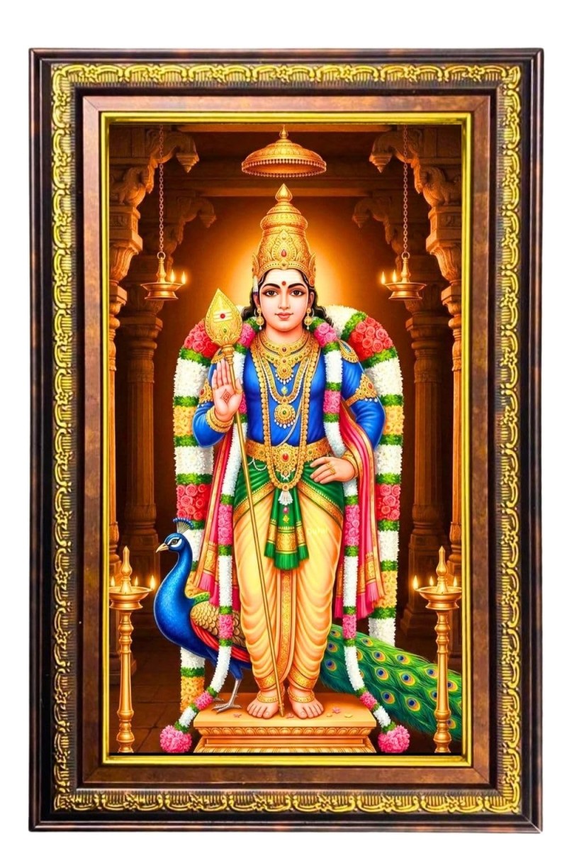 Lord Karthikeya Digital Golden Balck Color Photo Frame | Hindu Religious Wall Decor | 12x18 Inches - Inspirational Wall Art For Office, Home Decor - Ideal Spiritual Gift (F16571)