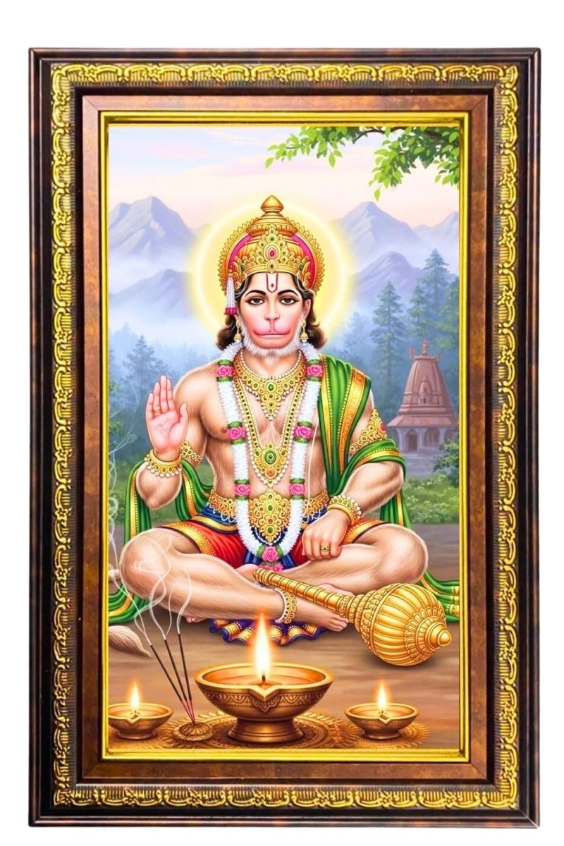 Lord Hanuman Digital Golden Balck Color Photo Frame | Hindu Religious Wall Decor | 10x16 Inches - Inspirational Wall Art For Office, Home Decor - Ideal Spiritual Gift (F16702)