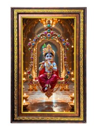 Lord Krishna Digital Golden Balck Color Photo Frame | Hindu Religious Wall Decor | 14x20 Inches - Inspirational Wall Art For Office, Home Decor - Ideal Spiritual Gift (F16930)