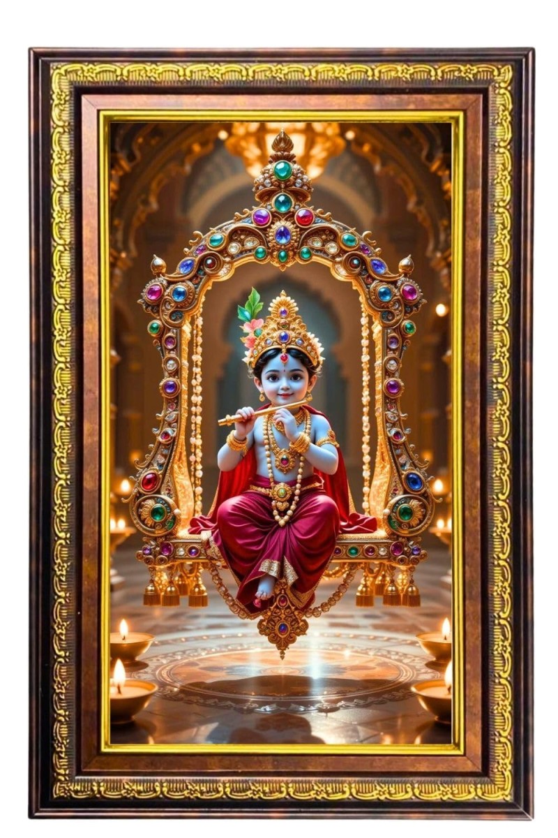 Lord Krishna Digital Golden Balck Color Photo Frame | Hindu Religious Wall Decor | 18x24 Inches - Inspirational Wall Art For Office, Home Decor - Ideal Spiritual Gift (F16930)