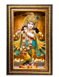Lord Krishna Digital Golden Balck Color Photo Frame | Hindu Religious Wall Decor | 18x24 Inches - Inspirational Wall Art For Office, Home Decor - Ideal Spiritual Gift (F16654)