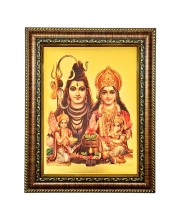 Hitech Sales Lord Shivji Family shiv Parvati Kartik Ganesh gold plated photo with Waterproof Glass Cover 9X7 for Table, Temple Wall, Mandir, Home Decor