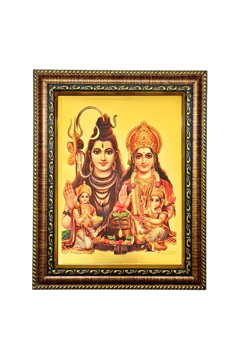 Hitech Sales Lord Shivji Family shiv Parvati Kartik Ganesh gold plated photo with Waterproof Glass Cover 9X7 for Table, Temple Wall, Mandir, Home Decor