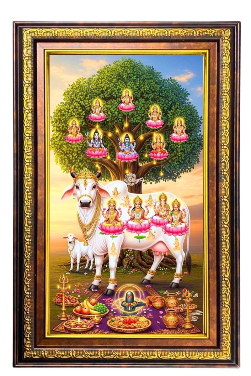 Kamadhenu Digital Golden Balck Color Photo Frame | Hindu Religious Wall Decor | 18x24 Inches - Inspirational Wall Art For Office, Home Decor - Ideal Spiritual Gift (F16789)