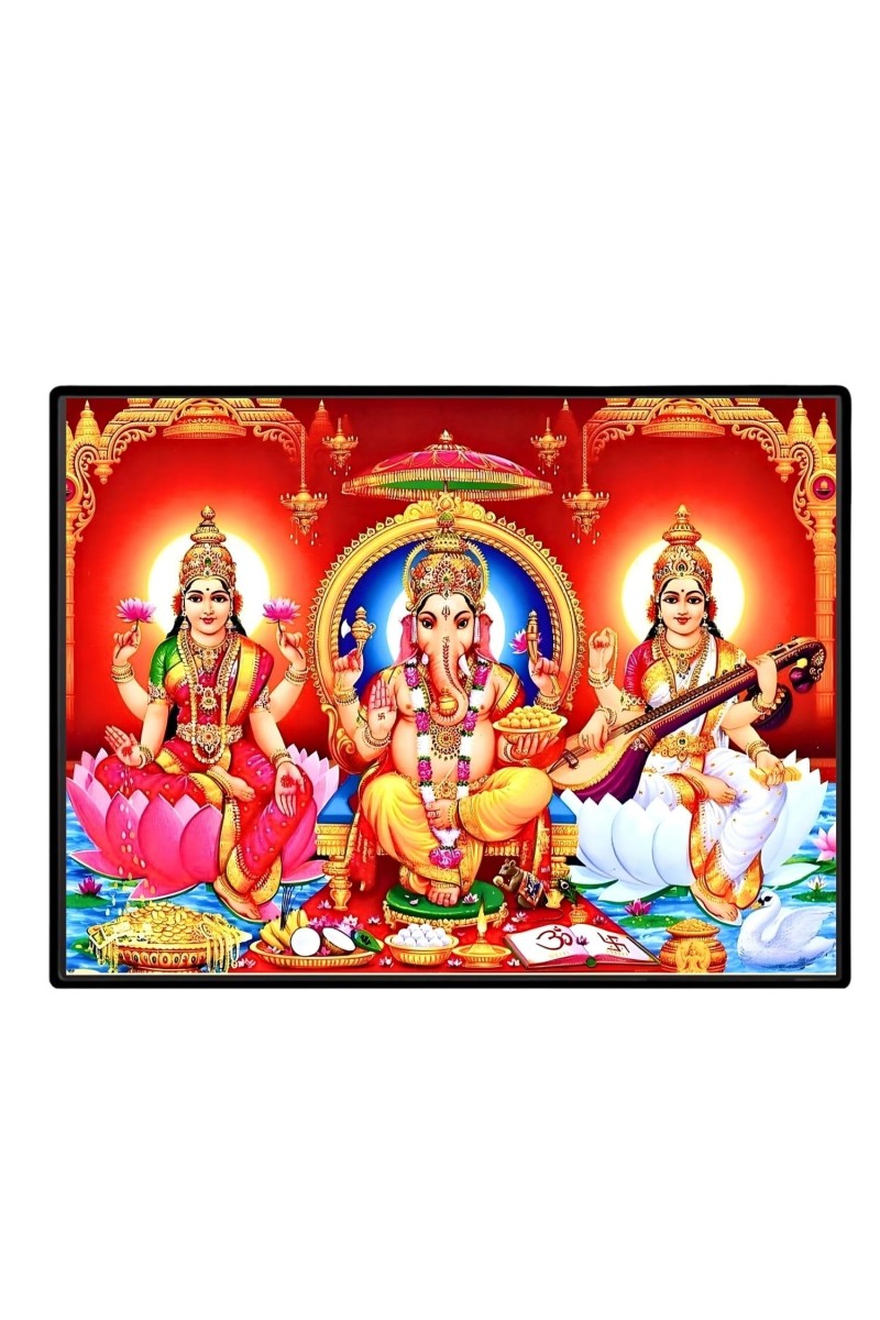Lord Ganesha Maa Laxmi Saraswati Laminated Photo - 7x9 Inches, Divine Blessings For Home & Office And Temple Decoration (F16140)