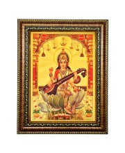 Hitech Sales Lord Saraswati mata hold Sitar gold plated photo with Light Weighted Waterproof Glass Cover 9X7 Wooden Frames for Table, Temple Wall, Mandir, Gym, and Outdoor Spaces, Home Decor