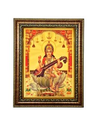 Hitech Sales Lord Saraswati mata hold Sitar gold plated photo with Light Weighted Waterproof Glass Cover 9X7 Wooden Frames for Table, Temple Wall, Mandir, Gym, and Outdoor Spaces, Home Decor
