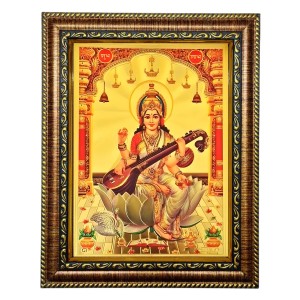 Hitech Sales Lord Saraswati mata hold Sitar gold plated photo with Light Weighted Waterproof Glass Cover 9X7 Wooden Frames for Table, Temple Wall, Mandir, Gym, and Outdoor Spaces, Home Decor
