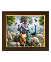 Hitech Sales Lord sri Krishna playing Flute theam ai Photo with Beautiful 12X10 in synthetic Wood Frame With Glass Tabletop Wallmount display for home office Room decor Gift for all occations