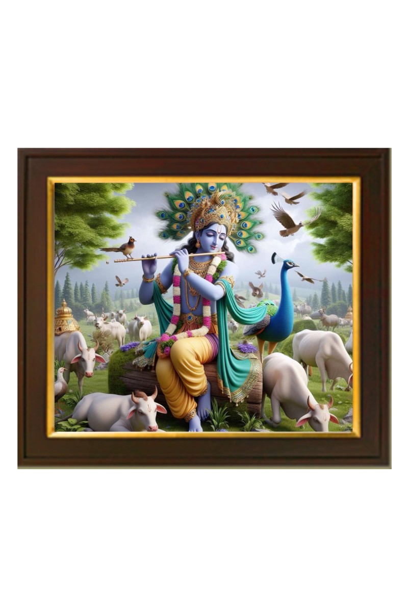 Hitech Sales Lord sri Krishna playing Flute theam ai Photo with Beautiful 12X10 in synthetic Wood Frame With Glass Tabletop Wallmount display for home office Room decor Gift for all occations