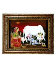 HiTech Sales Yashoda Reprimands Bal Gopal Drinking Milk from Cow's Udder Painting for Living Room, Home Decor, Bedroom, Office with PVC Frame & Front Face - Glass (10 x 8 in)