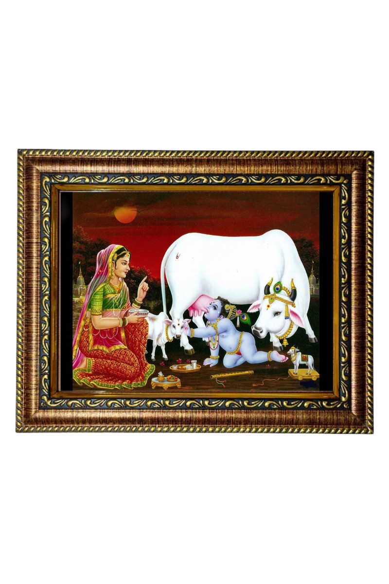 HiTech Sales Yashoda Reprimands Bal Gopal Drinking Milk from Cow's Udder Painting for Living Room, Home Decor, Bedroom, Office with PVC Frame & Front Face - Glass (9 x 7 in)