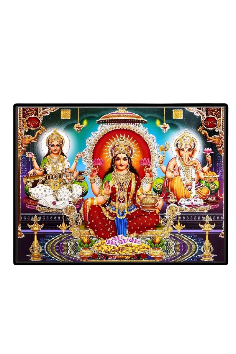 Lord Ganesha Maa Laxmi Saraswati Laminated Photo - 7x9 Inches, Divine Blessings For Home & Office And Temple Decoration (F16125)
