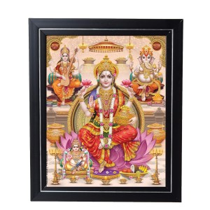 Hitech Sales Sri Lakshmi Mata,Ganesh Ji,Saraswati Mata Photo Frame for Pooja Room, Temple Decor, Home Decoration and Gift (Wall and Tabletop, Rectangular, Printed Photo, 12 x 14 inches Frame, Brown)