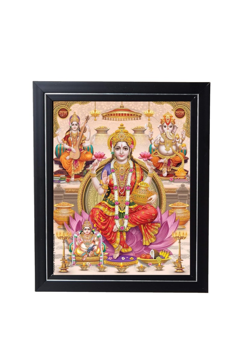 Hitech Sales Sri Lakshmi Mata,Ganesh Ji,Saraswati Mata Photo Frame for Pooja Room, Temple Decor, Home Decoration and Gift (Wall and Tabletop, Rectangular, Printed Photo, 12 x 14 inches Frame, Brown)