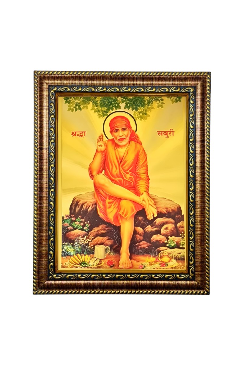 Hitech Sales Lord Sri Sai baba Siridir Sai baba gold plated photo with Light Weighted Waterproof Glass Cover 9X7 Wooden Frames for Table, Temple Wall, Mandir, Gym, and Outdoor Spaces, Home Decor