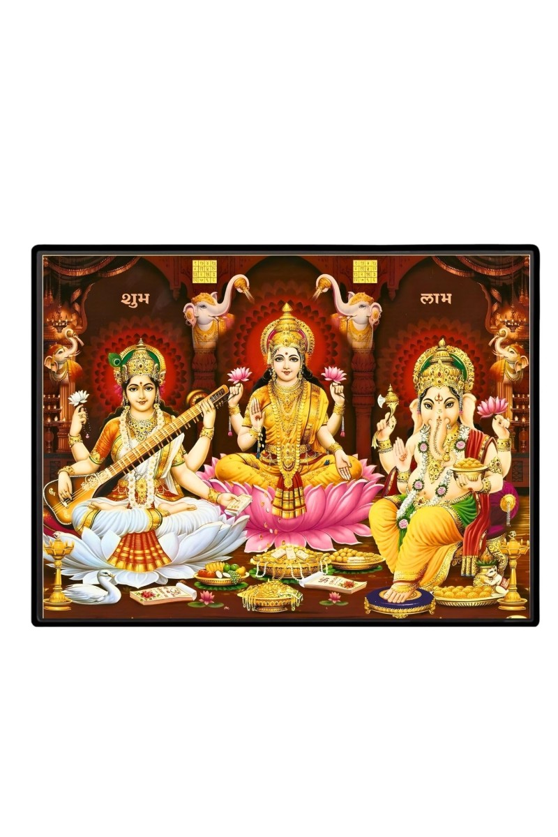 Lord Ganesha Maa Laxmi Saraswati Laminated Photo - 7x9 Inches, Divine Blessings For Home & Office And Temple Decoration (F16128)