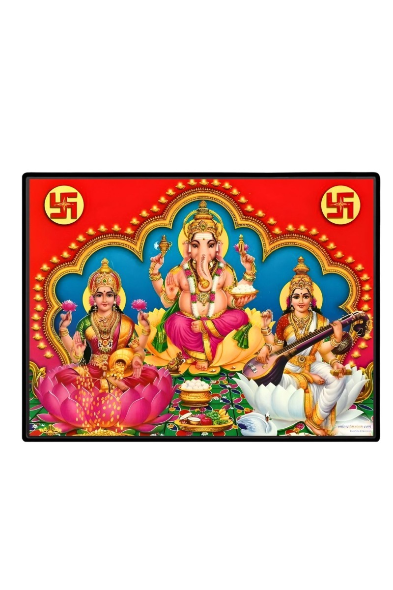 Lord Ganesha Maa Laxmi Saraswati Laminated Photo - 7x9 Inches, Divine Blessings For Home & Office And Temple Decoration (F16138)