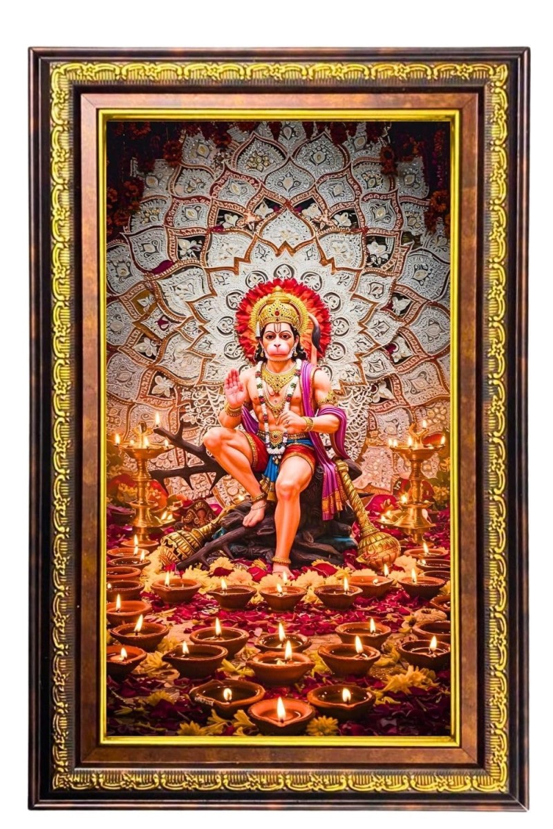 Lord Hanuman Digital Golden Balck Color Photo Frame | Hindu Religious Wall Decor | 10x16 Inches - Inspirational Wall Art For Office, Home Decor - Ideal Spiritual Gift (F16566)