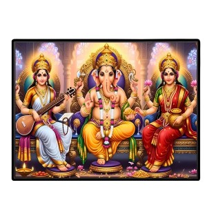 Lord Ganesha Maa Laxmi Sarswati Laminated Photo - 5x7 Inches, Divine Blessings For Home & Office And Temple Decoration (F16145)
