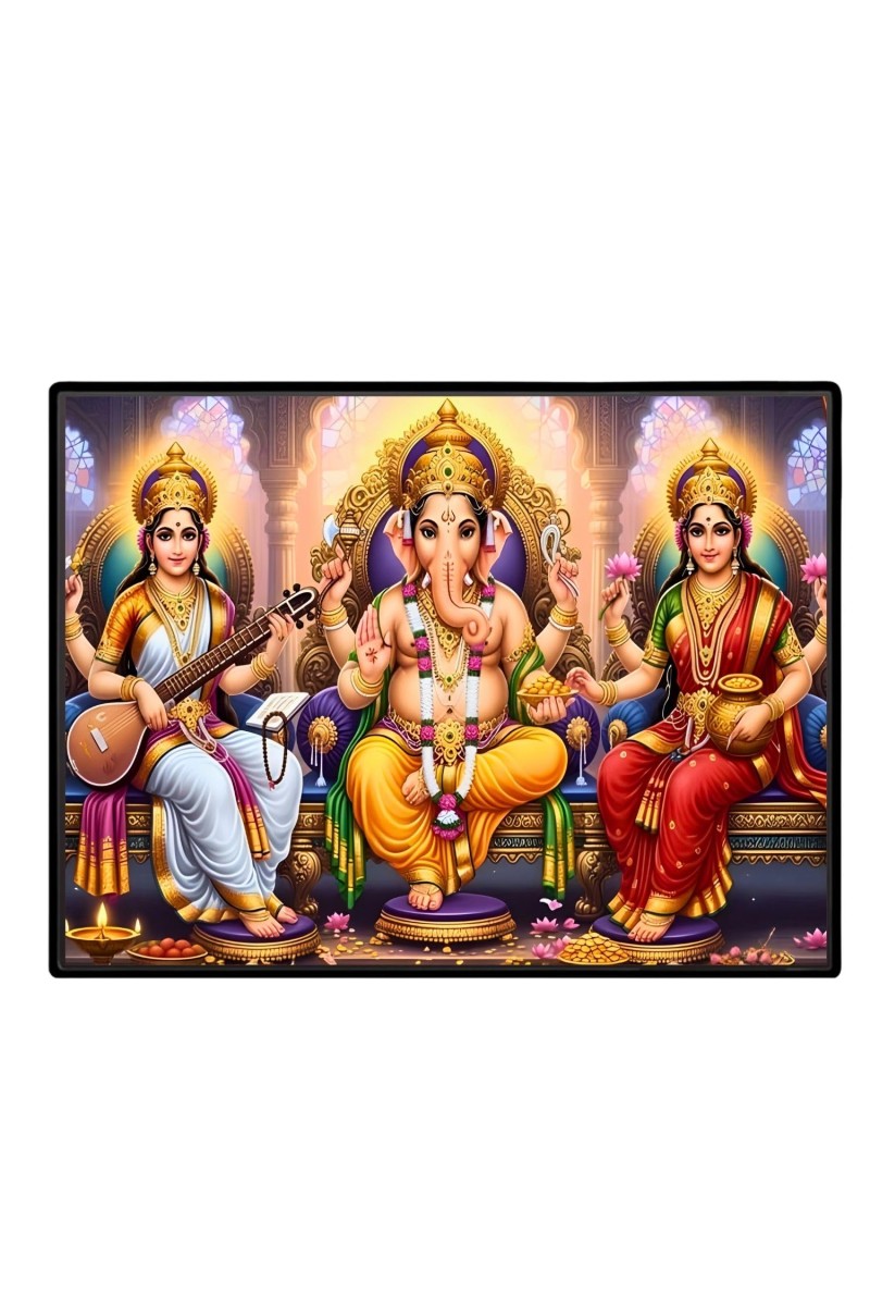 Lord Ganesha Maa Laxmi Saraswati Laminated Photo - 7x9 Inches, Divine Blessings For Home & Office And Temple Decoration (F16145)