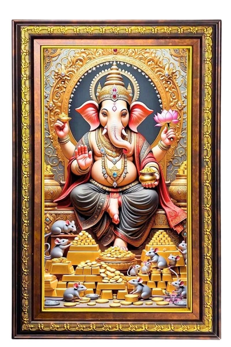 Lord Ganesha Digital Golden Balck Color Photo Frame | Hindu Religious Wall Decor | 10x16 Inches - Inspirational Wall Art For Office, Home Decor - Ideal Spiritual Gift (F16505)