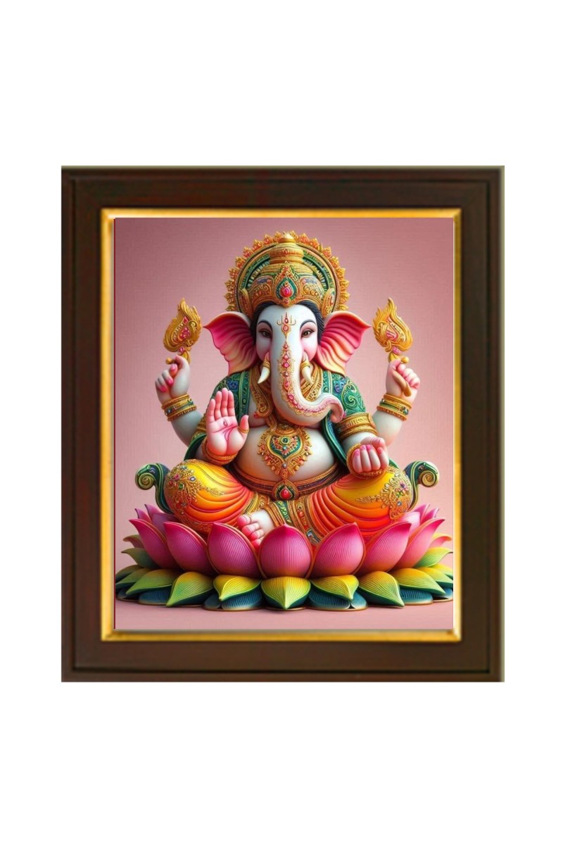 Hitech Sales | Lord Ganesha in Lotus Splendor, Made by AI Photo With Beautiful 12X10 in synthetic Wood Frame With Glass Tabletop Wallmount Display for Home & Office decor/Gift for all occations.